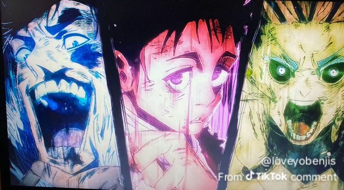 A photo of three anime-themed art prints or stickers featuring intense character faces in blue, pink, and green color schemes, watermarked '@loveyobenjis From TikTok comment'.