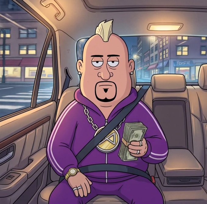 A cartoon illustration of a character resembling Mr. Clean wearing a purple tracksuit, gold chain, and holding cash while sitting in a car.