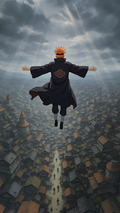 Anime artwork of an orange-haired character in a black Akatsuki cloak floating with arms outstretched above a village, with sunlight breaking through clouds.