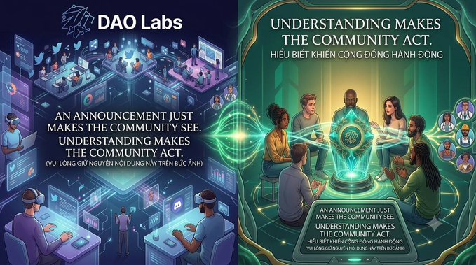 Two DAO Labs graphics emphasizing the importance of community understanding over mere announcements, featuring digital and in-person groups working together.