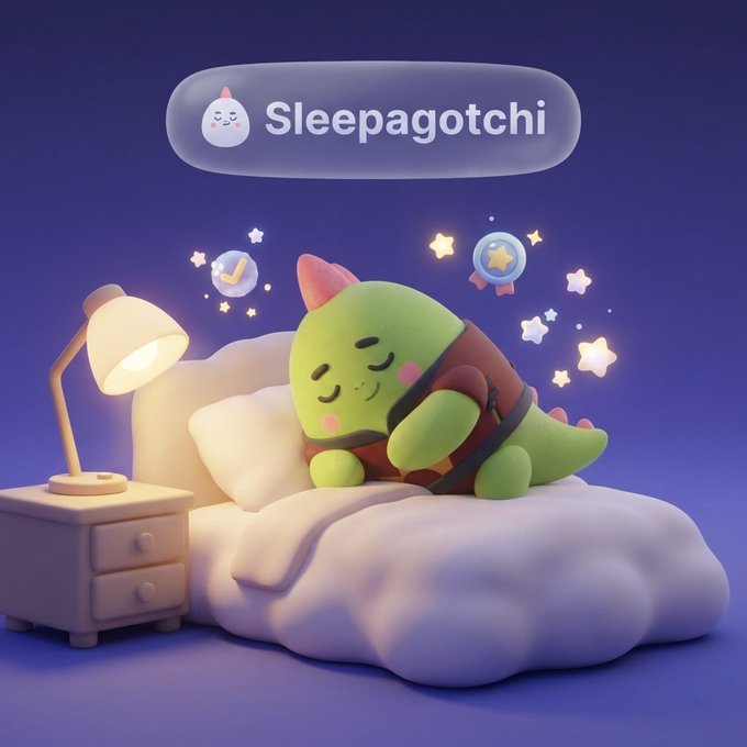 A 3D-rendered green dinosaur-like creature sleeps peacefully on a white bed under a 'Sleepagotchi' banner, with a glowing lamp and stars surrounding it.