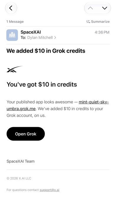 An email from SpaceXAI to Dylan Mitchell announcing 'You've got $10 in credits' for the published app 'mint-quiet-sky-umbra.grok.me', with an 'Open Grok' button.