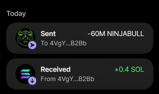The image displays a transaction history showing "-60M NINJABULL Sent To 4VgY...B2Bb" and "+0.4 SOL Received From 4VgY...B2Bb," which confirms the 60 million $NINJABULL token purchase completed for 0.4 SOL as mentioned in the post, with the shortened wallet address matching the transaction details.
