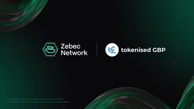 The image features a green background with two blue circles, one larger than the other, positioned at opposite ends of the frame. The text "ZBCN" appears above the larger circle, while "TokenisedGBP" is written below the smaller circle. These elements suggest that the image might be related to a promotional post or advertisement for ZBCN and tokenisation services.