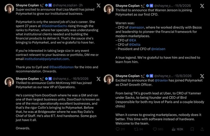 A collage of Twitter/X posts from Shayne Copan (@shayne_coplan) announcing new hires at Polymarket, including Lisa Mantil, Warren Jenson, Collin McKinney, and Travis as Chief Growth Officer, with details about their previous roles at Amazon, EA, Delta, Nielsen, DoorDash, Uber, and Bird.