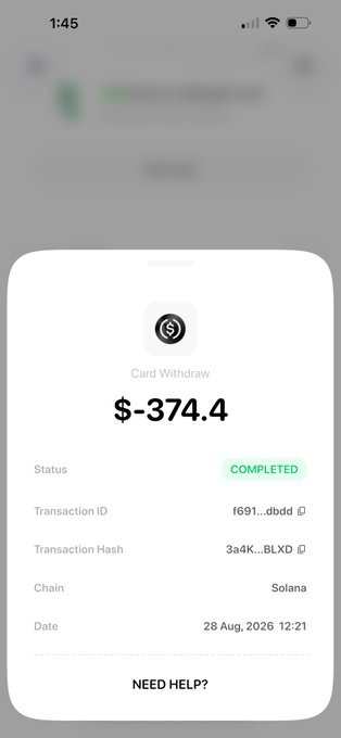 A mobile app screenshot showing a completed Card Withdrawal transaction for '$-374.4' on the Solana chain, with Transaction ID 'f691...dbdd' and Transaction Hash '3a4K...BLXD', dated 28 Aug, 2026 at 12:21.