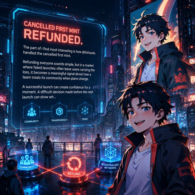 An anime-style illustration showing two characters in a futuristic city with text about 'CANCELLED FIRST MINT. REFUNDED.' discussing community, transparency, and trust by @0xhazels.