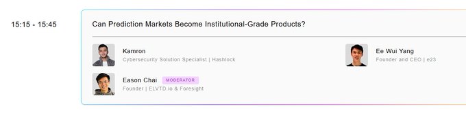The image shows a session schedule from a blockchain event featuring a panel titled "Can Prediction Markets Become Institutional-Grade Products?" scheduled for 15:15 - 15:45, with speakers Kamron (Hashlock), Ee Wui Yang (e23), and moderator Eason Chai (ELVTD.io & Foresight). This relates to the post announcing that Eason Chai will be speaking at Malaysia Blockchain Week on 29 July 2026, likely as the moderator of this prediction markets panel discussion.