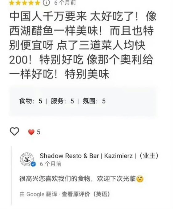 A Chinese-language 5-star Google review praising a restaurant's food, comparing it favorably to West Lake sweet and sour fish, with a response from 'Shadow Resto & Bar | Kazimierz'.