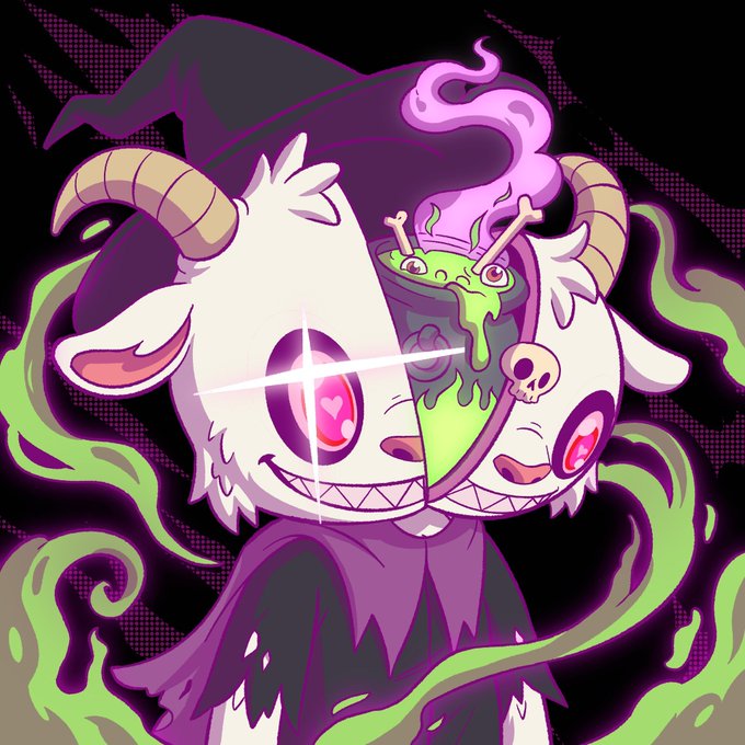 A cartoon-style illustration of a horned, two-faced creature with a mischievous grin, wearing a wizard hat and purple robe, surrounded by swirling green flames—serving as the giveaway artwork for KludzNFT's 10 whitelist spot contest.