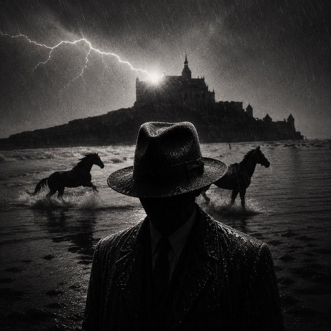 A shadowy figure in a fedora stands in the rain as lightning cracks behind Mont Saint-Michel, with two dark horses galloping through the surf at his feet. The noir atmosphere and mysterious horses visually echo the post's reference to a "dark horse" — an unexpected, hidden contender — suggesting the cookware brand is a stealthy, under-the-radar player in the Robinhood chain.