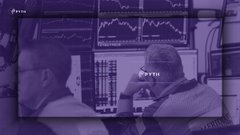 The image shows a man sitting at a desk with a computer screen displaying financial data from Asia. The text "PYTH just opened asia to ONCHAIN MARKETS Hong Kong equities are now live on Pyth Pro" indicates that the image is related to the opening of an Asian stock exchange, and it is being shared by Tencent. This information suggests that the man might be a financial professional or an individual interested in investing in Asian markets. The presence of multiple screens with financial data further supports this notion.