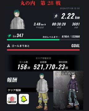 A Japanese mobile game mission summary screen titled '丸の内 第28戦' (Marunouchi Battle 28) dated 2026/07/08 12:30, showing stats: 2.22 km, pace 3.48 km/h, time 00:38:20, steps 3691, and area capture details.