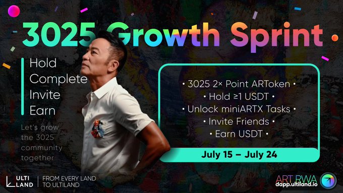 A promotional graphic for Ultiland's "3025 Growth Sprint" running July 15–July 24, featuring a man in a white polo shirt against a dark, paint-splattered background. The ad highlights that holding ≥1 USDT of 3025 unlocks 2× Point ARToken rewards, miniARTX Tasks, and earning opportunities through inviting friends, with branding from Ultiland.io and dapp.utililand.io.