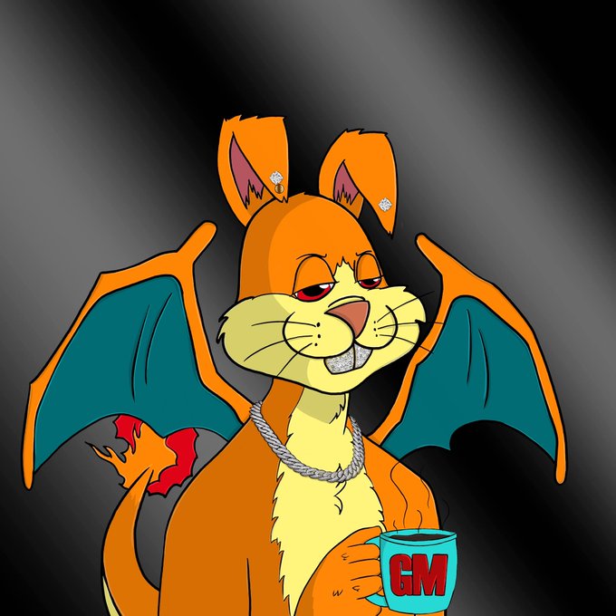 A cartoon illustration depicts an orange, bat-winged creature with a diamond earring and silver chain, holding a steaming teal mug with 'GM' written on it.