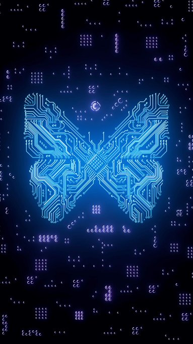 The image features a blue butterfly-like shape, which appears to be made of circuit boards or computer chips. The butterfly has a unique design with multiple layers, giving it an intricate appearance. The background of the image is dark blue, providing a stark contrast that makes the butterfly stand out even more. The caption below the image reads: "QUIP Network project uses a multi-layered and strategic approach to achieve its core objectives: protecting digital assets from quantum computing threats and building infra for quantum workloads".