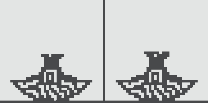 Two pixel-art black and white icons depicting symmetrical figures with horned/winged headdresses, separated by a vertical black line.