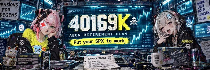 A promotional banner for the Solana memecoin $40169K featuring anime-style characters flanking a large "40169K" ticker, displaying the slogan "Put your SPX to work" under an "AEON RETIREMENT PLAN" theme, with the SPX6900 ticker visible in the background—directly tying into the post announcing a community-uploaded banner for this token on Moby.
