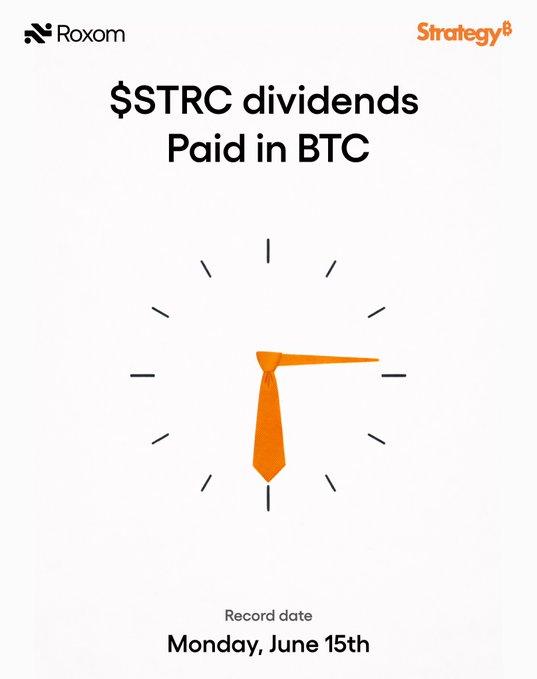 The image shows a clock with an orange tie pointing to 11:55, indicating that the final hours of the day have already passed or are scheduled to pass soon. The caption below the image states "FINAL HOURS. Be a $STRC holder before close. Get paid June 15th." which suggests that the post is specifically about cryptocurrency and Bitcoin transactions, referencing the $STRC payments in the title. It highlights how users can receive Bitcoin as payment for closing time in crypto exchanges such as @roxom.