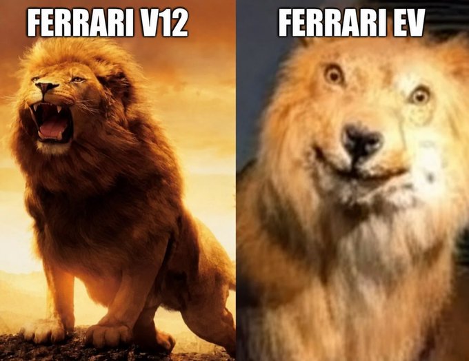 The image shows two lion statues, one of which has its mouth open as if roaring or growling, while the other appears to be smiling. The caption below the image reads "feraris v12 ev", suggesting that the lions are related to a car brand named Ferrari and are being compared in terms of their facial expressions.