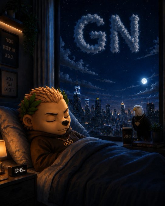 A digital illustration of a bear character wearing a hoodie labeled 'UGO' sleeping in bed, with 'GN' written in clouds above a nighttime city skyline.