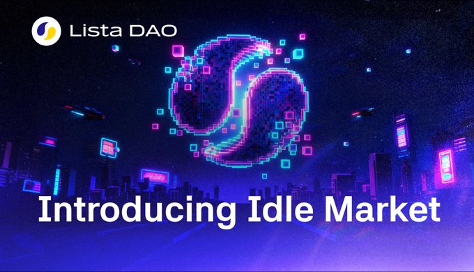The image features a purple square with blue squares inside, which appears to be a representation of an idle market. The background shows a city skyline at night, creating a contrast between the digital and physical worlds. Below this scene, there's text that reads "Introducing Idle Market". This suggests that a new platform has been launched for depositors to invest in idle markets or hold unallocated capital as a safe liquidity buffer. The post also mentions that Curators can use this platform to manage their investments, providing more transparency and flexibility compared to traditional banking systems.