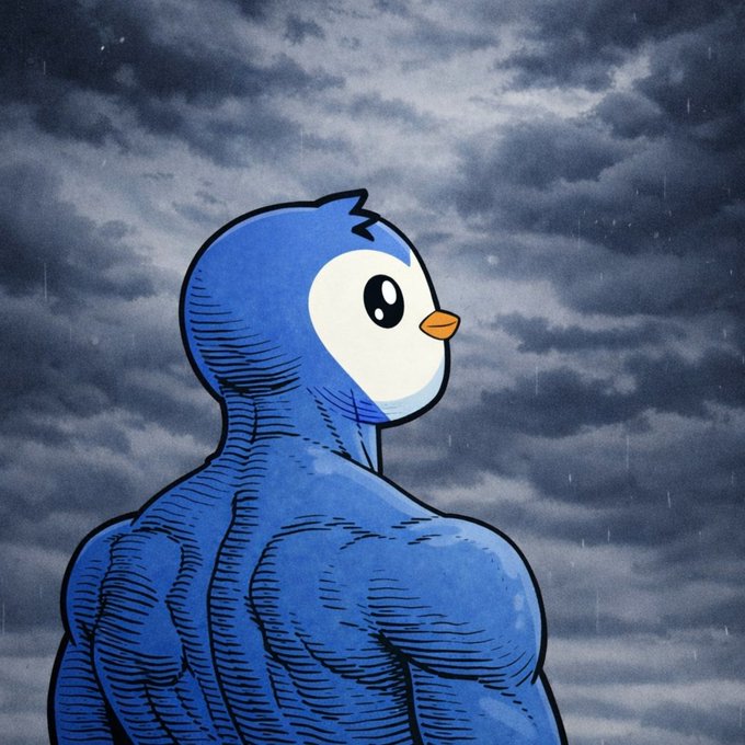 A digital illustration combining the cartoon penguin Piplup with an exaggerated muscular humanoid body, set against a dramatic, cloudy night sky.