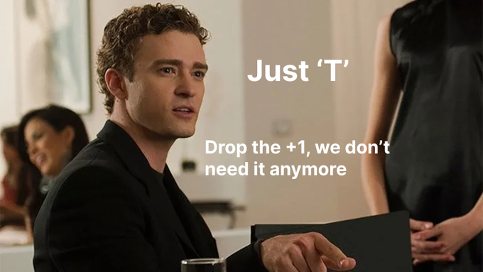 A meme featuring actor Ben Hardy with text 'Just T - Drop the +1, we don't need it anymore', referencing the TrueUSD (TUSD) stablecoin.