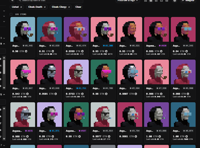 A screenshot of an NFT marketplace showing a grid of 185 pixel-art CryptoPunk-style avatars with various prices listed in ETH, filtered by 'Cloak: Death' trait.