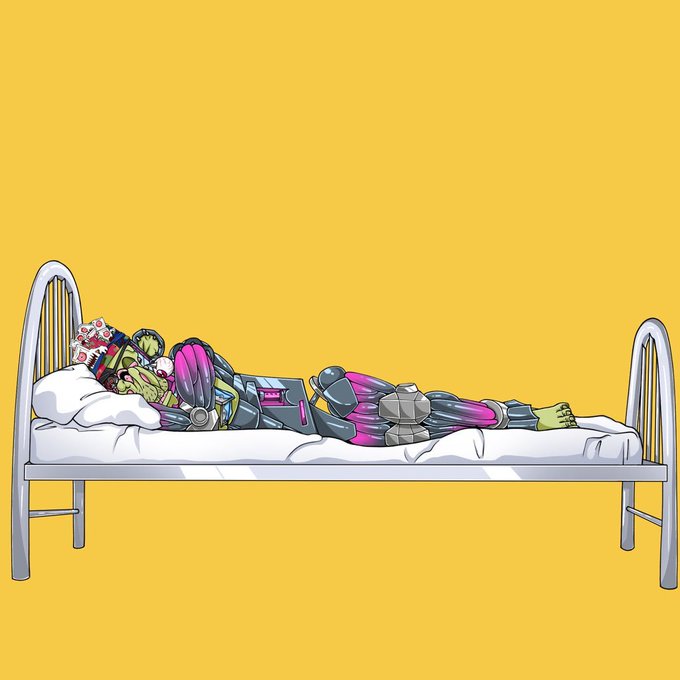 A digital illustration of a person wearing pink and black armor lying on a simple bed against a solid yellow background, holding popcorn.