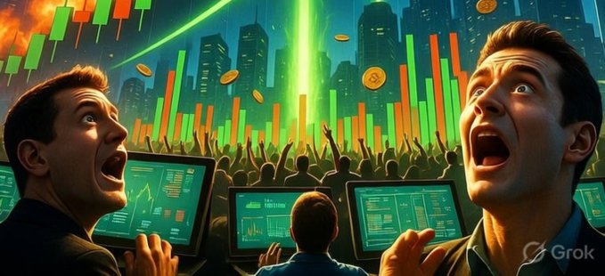 A digital illustration depicts two shocked men at computer terminals with green and orange trading charts and falling coins in the background, with "Grok" watermark in the lower right.