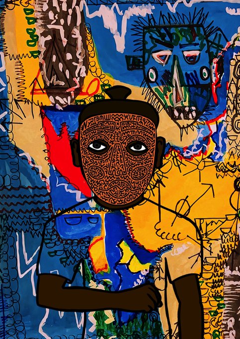 A vibrant, abstract mixed-media painting featuring two stylized figures with large eyes and intricate patterns, set against a bold background of blue, yellow, red, and brown colors with expressive brushwork and symbolic markings.