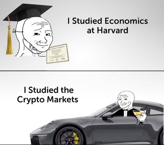 A two-panel meme contrasts 'I Studied Economics at Harvard' showing the Wojak character with a graduation cap and diploma, with 'I Studied the Crypto Markets' showing him driving a black sports car while holding a cocktail.