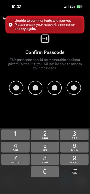 A smartphone screen showing a 'Confirm Passcode' interface with four dots entered, a numeric keypad, and a red error banner stating 'Unable to communicate with server. Please check your network connection and try again.'
