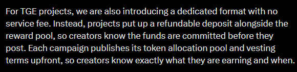 A text excerpt explaining TGE (Token Generation Event) projects' new refundable deposit model replacing service fees, where projects must commit funds upfront alongside the reward pool with transparent token allocation and vesting terms published before posting. The image supports the post's message about Kaito's update eliminating the $150k service fee model in favor of upfront collateral deposits and locked final reward pools, ensuring creators know exactly what they're earning before yapping.