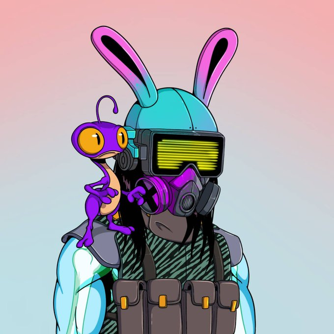 A digital illustration of a cyberpunk character wearing a teal helmet with pink bunny ears, yellow visor, and gas mask, with a small purple creature perched on their shoulder against a pastel gradient background.