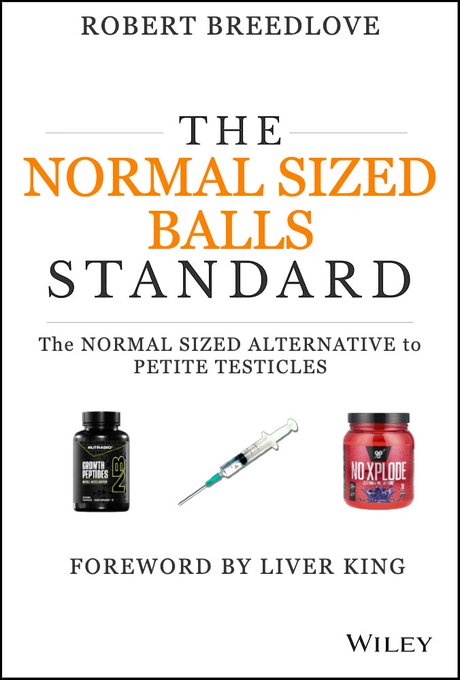 A book cover for 'THE NORMAL SIZED BALLS STANDARD: The NORMAL SIZED ALTERNATIVE to PETITE TESTICLES' by Robert Breedlove, featuring product images and a foreword by Liver King.
