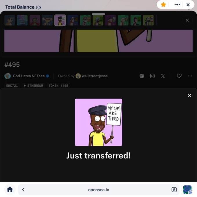 ids of objects are displayed on the screen, including a pink background, a cartoon character holding a sign, and a message about transferring to OpenSeaIO.