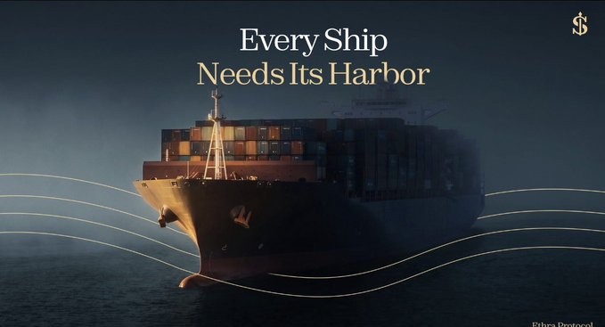 A cinematic promotional image shows a large cargo ship at sea with the tagline "Every Ship Needs Its Harbor" and "Zibra Protocol" branding in the bottom right.
