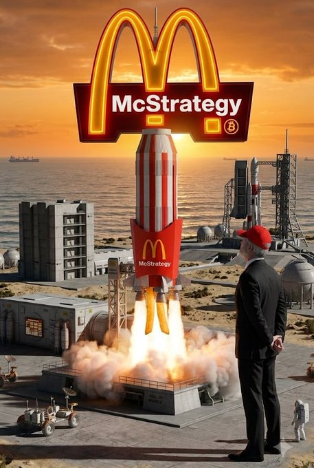 The image depicts a McDonald's-themed rocket emblazoned with "McStrategy" launching from a launchpad, with a businessman in a red cap watching nearby, symbolizing the "McStrategy" token's liftoff on Pump.fun. The caption "Houston McStrategy have launched on @Pumpfun" cleverly frames the meme coin's release as a rocket launch, with the launch address "JD4ikibSSJLzWA33d2dufQwKs8JmdpBZjs3qQSnEpump" serving as the mission coordinates for traders.