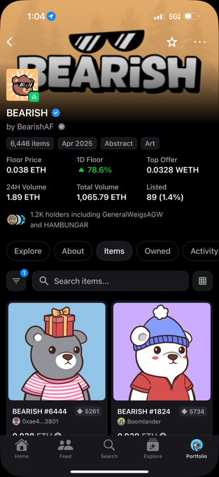 An OpenSea NFT collection page for 'BEARISH by BearishAF' showing 6,446 items with a 0.038 ETH floor price, 1.89 ETH 24H volume, and 1.2K holders, featuring cartoon bear NFTs.