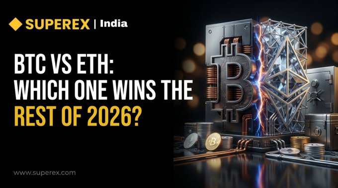 A Superex India banner asking 'BTC VS ETH: WHICH ONE WINS THE REST OF 2026?' with imagery of Bitcoin and Ethereum tokens against a vault background.