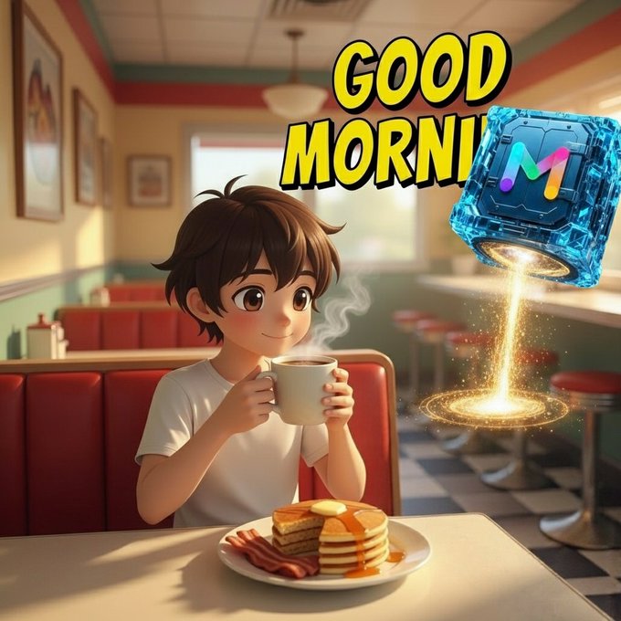 An animated illustration shows a boy drinking coffee in a diner with a plate of pancakes and bacon, while text reads 'GOOD MORNI' next to a glowing blue box with an 'M' logo.