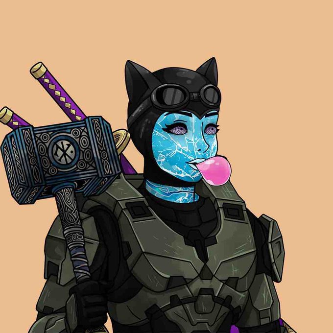 A digital illustration features a cat-eared, blue-skinned character blowing a pink bubblegum bubble, wearing green futuristic armor and carrying an ornate hammer resembling Mjolnir with purple-wrapped hilts, promoting a giveaway for a Solgods NFT.