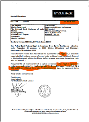 The image shows an official letter from Federal Bank's Secretarial Department dated 24th March 2025, addressed to the Listing Department of BSE Limited and the National Stock Exchange, signed by Company Secretary Girish Kumar G. The letter states that Federal Bank has entered a partnership with **Tranglo**, a blockchain-supported global remittance company, to accelerate cross-border remittances and accelerate SEBI Listing Obligations & Disclosure Requirements Regulations 2015 compliance. The accompanying post misrepresents this partnership, falsely claiming it is a partnership with Ripple for €37 billion in cross-border remittances, when in fact the actual partnership is with Tranglo and no monetary figure of that magnitude is mentioned in the letter.