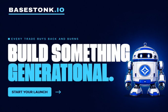A promotional graphic for $BSTONK (BaseStonk.io) features a futuristic blue and white robot alongside bold text reading "BUILD SOMETHING GENERATIONAL" and "EVERY TRADE BUYS BACK AND BURNS," with a "START YOUR LAUNCH" call-to-action button. The design reinforces the post's message of launching a long-lasting crypto token with built-in buyback and burn mechanics on every trade.