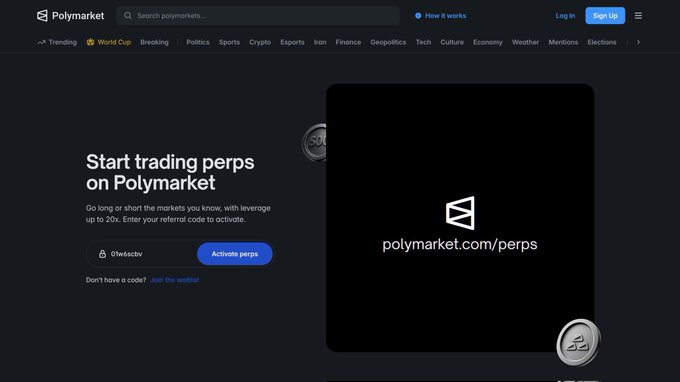 A screenshot of the Polymarket website with the text "Start trading perps on Polymarket" and a prompt to activate perps using a referral code.
