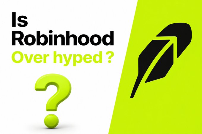 A graphic asks 'Is Robinhood Over hyped?' in black and lime green text next to a 3D question mark and the Robinhood feather logo.