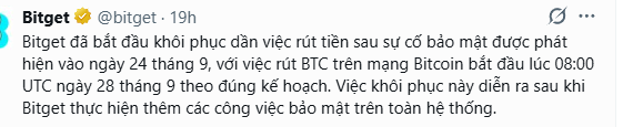 **Bitget** (@bitget) - A Twitter/X post in Vietnamese discussing the resumption of withdrawals following a security incident, with BTC withdrawals resuming on September 28 at 08:00 UTC.