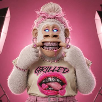 A 3D-rendered monkey-like character with glowing blue eyes and pink hair accessories poses against a bright pink background, wearing a tank top that reads 'GRILLED' featuring a graphic of lips and a tongue.